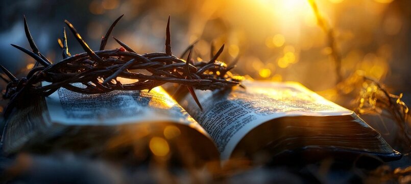 The Holy Bible lies beside a wooden cross, symbolizing faith and hope during Easter.