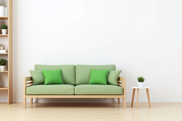 Modern living room green sofa white wall wooden shelf plant