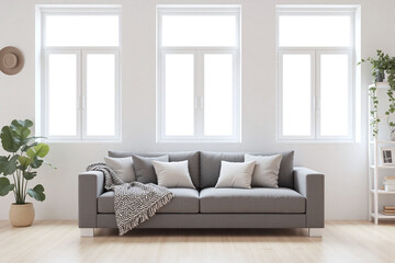 Fototapeta premium Modern living room grey sofa black white blanket white shelf