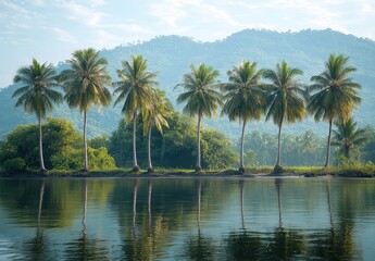 Serene Landscape with Palm Trees Reflecting in Calm Water Surrounded by Lush Greenery and Mountains Under Soft Morning Light