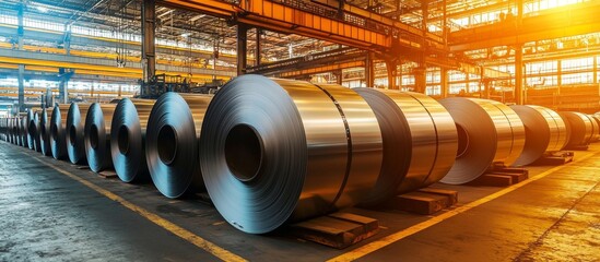 Large rolls of galvanized sheet steel stored in a factory warehouse.