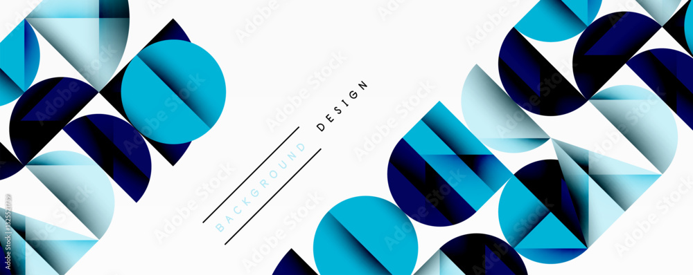Poster Abstract geometric background with layered gradient shapes forming dynamic patterns. Overlapping semi circles and triangles create depth and contrast