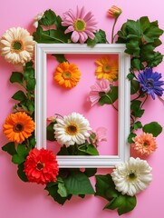 Obraz premium image of fresh flowers of various colors and green leaves placed around empty white photo frame against pink background - ai