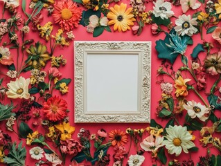 image of fresh flowers of various colors and green leaves placed around empty white photo frame against pink background  - ai