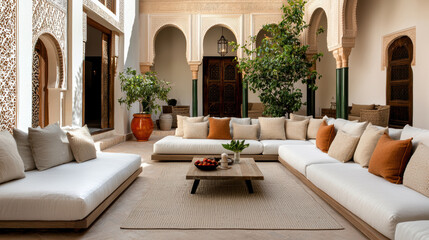 Fototapeta premium Spacious interior courtyard with elegant sofas, plush cushions, surrounding greenery, and arched hallways, exuding warmth and intimate elegance.