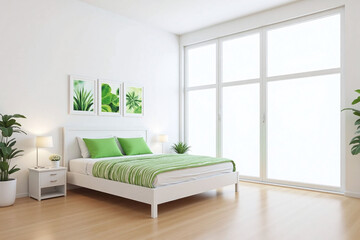 A bedroom with a white bed and green pillows