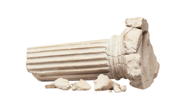 A broken ancient column with intricate fluting and decorative details, accompanied by scattered fragments of stone.