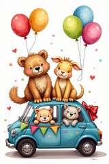 Fototapeta premium A cheerful illustration of cute animals celebrating in a colorful car with balloons.
