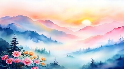 Watercolor Sunrise Serenity Mountain Vista with Blooming Flowers Artwork Pastel Hues Nature Landscape Forest Tranquil Ambience Misty Valley Scenery