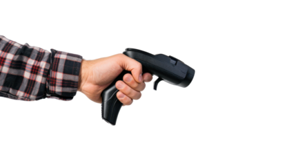 Hand holding a barcode scanner on transparent background
