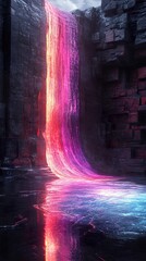 A vibrant multicolored liquid waterfall flowing between dark stone walls