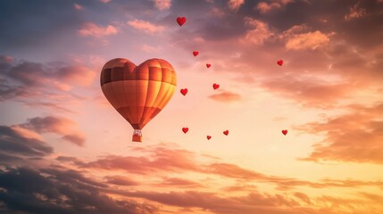 Obraz premium Whimsical Heart Balloon Soaring Through Romantic Sunset Sky Dreamscape