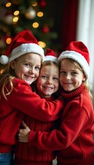 A group of children wearing red sweaters and Santa hats share a warm hug in a cozy setting , warmth, hug