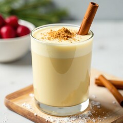 Delicious creamy eggnog topped with cinnamon, perfect for festive celebrations.