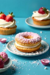 Delicious colorful desserts on a blue background showcasing cakes and sweet treats.