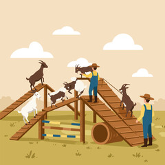 Goats Climbing Obstacle Course with Farmers Supervising Activity