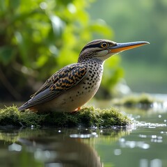 Spotted Bird Standing on Mossy Patch in Water Natural Habitat