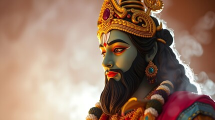 Statue of Hindu God with Crown and Beard on Blurred Background