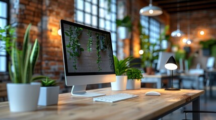 Fototapeta premium Modern Office Workspace with Plants and Natural Lighting Decor