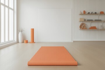 Bright room with yoga mat, ready for exercise.
