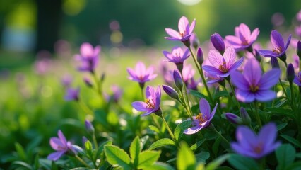 Fototapeta premium A Field of Delicate Purple Flowers Bathed in the Warm Glow of the Setting Sun, Their Petals Unfurling in Gentle Breezes, Creating a Serene and Peaceful Natural Scene
