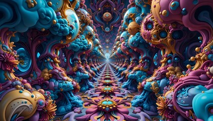 Fototapeta premium Surreal Fantasy Tunnel with Colorful Organic Structures and Infinite Perspective