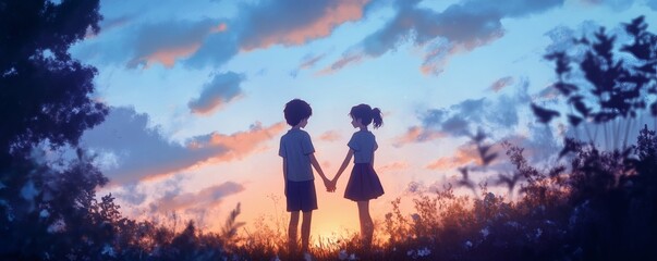 Fototapeta premium Two figures holding hands watching a beautiful sunset together