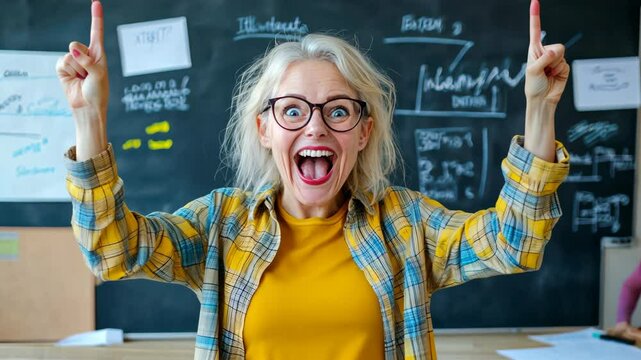 Joyful teacher celebrates success in classroom with enthusiastic expression