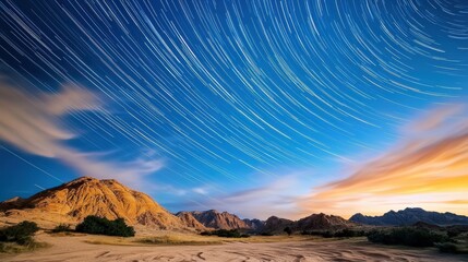 Naklejka premium Starry sky over rocky landscape at twilight.