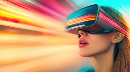 Fototapeta premium A woman experiencing virtual reality with vibrant effects.