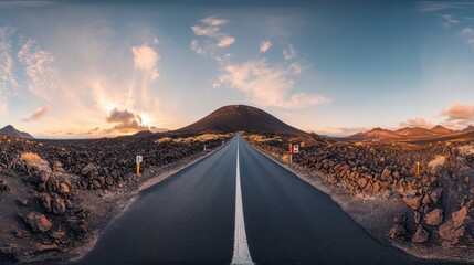 An open asphalt road leading through a beautiful landscape at dusk