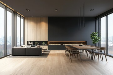 Fototapeta premium Modern living room interior with wood floor and fireplace, dining table against a dark wall, modern minimalist style home design concept