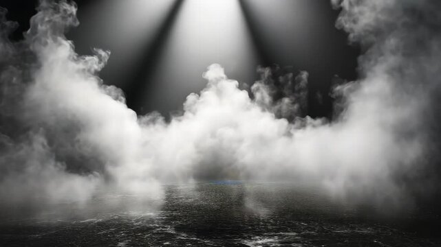 Atmospheric spotlight illuminating dense mist on a shadowy surface