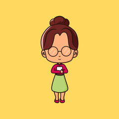 Adorable flat-style female teacher holding a book, with glasses and bun hairstyle