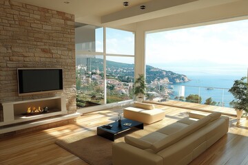 Fototapeta premium Modern living room with ocean view, fireplace, and stone wall. Perfect for real estate, luxury, or home design websites.