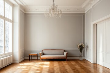 Elegant empty room with antique sofa, hardwood floor, and large windows.