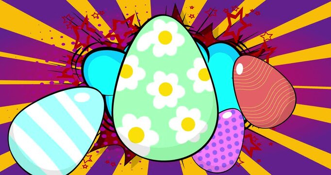 Cartoon Easter Egg, comic book holiday video. Retro comics pop art design animation.