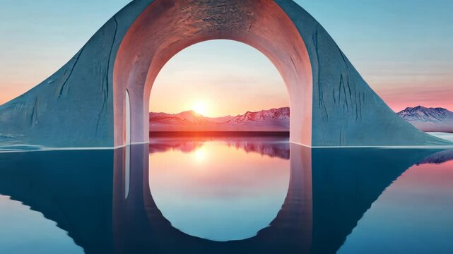 Serene sunset reflections through modern arch over tranquil water