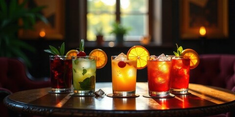 Refreshing summer beverages in elegant glasses, garnished with citrus and herbs, illuminated by natural sunlight in a sophisticated setting.