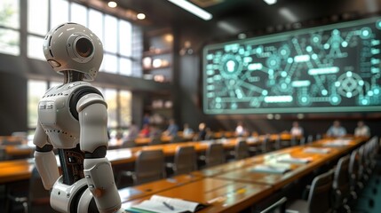 Humanoid Robot in Modern Conference Room with Digital Screen