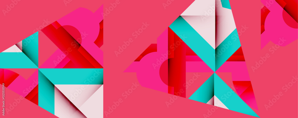 Poster Abstract geometric composition with interlocking circular and angular shapes, featuring smooth gradients and sharp contrasts on a white background