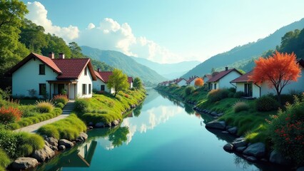 Fototapeta premium Serene canal-side village homes nestled in a picturesque mountain valley, showcasing stunning natural beauty and tranquil architecture.
