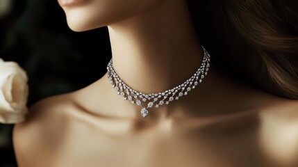 Woman's neck adorned with a dazzling diamond necklace, in a studio setting with soft lighting and white roses