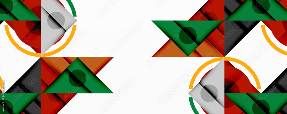 Aufkleber Abstract geometric composition with overlapping triangles, circles, and gradients, featuring a central circular design with text