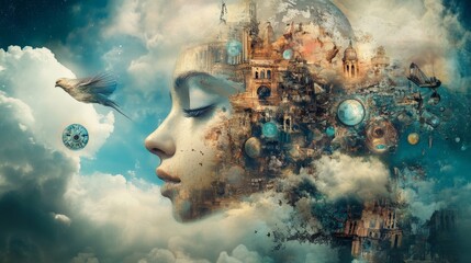 Naklejka premium Surreal artwork of a woman's head made up of a city, with a bird flying in the sky