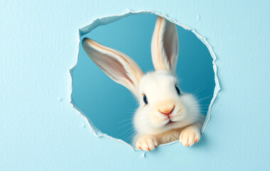 A charming Easter bunny with soft white fur and perky ears playfully peeking through a torn hole in a vivid blue wall. The hole looks freshly ripped, with edges curling outward