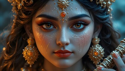 Woman with Ornate Jewelry and Makeup Detailed Portrait Art