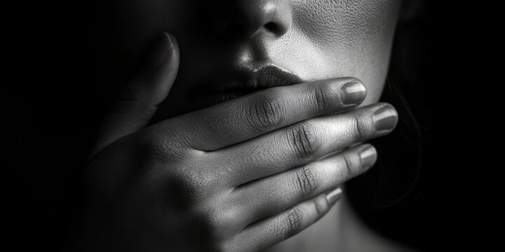 Woman covering her mouth with hand in black and white