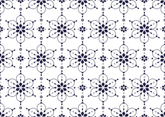 Seamless pattern with decorative floral ornament. Blue and white background, ethnic fabric seamless pattern, design for cloth, carpet, batik, wallpaper, wrapping etc.