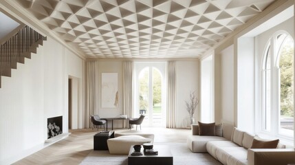 Elegant, modern, interior room with detailed ceiling design and garden view